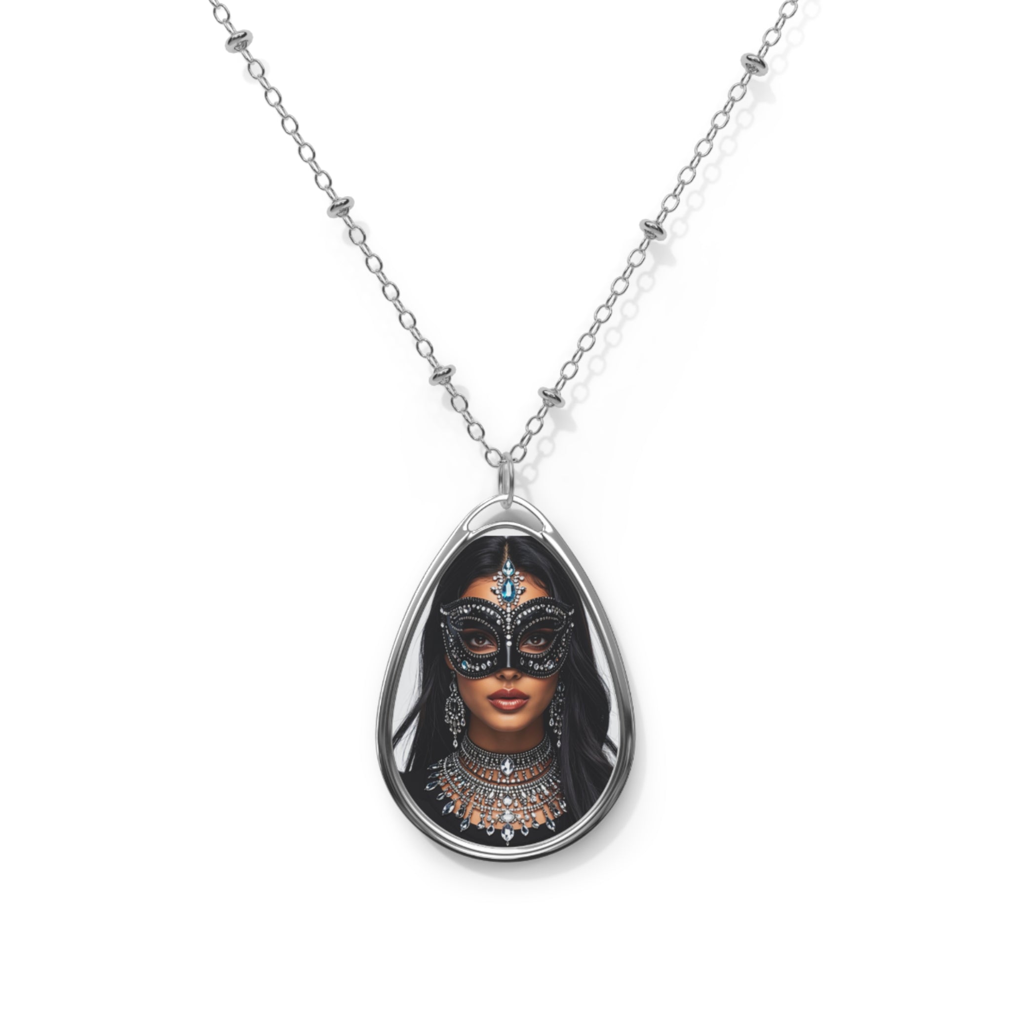 Collier pendentif ovale masqué en argent, bijou élégant femme