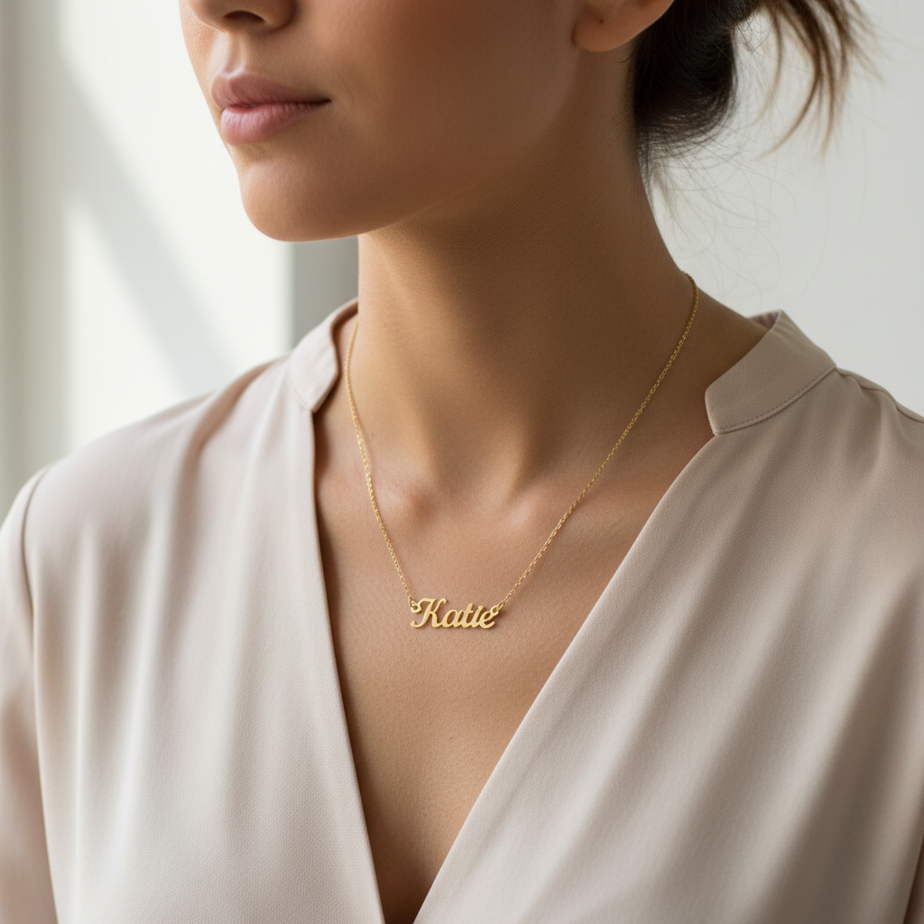 Collier prénom or 18K porté, bijou personnalisé cadeau femme